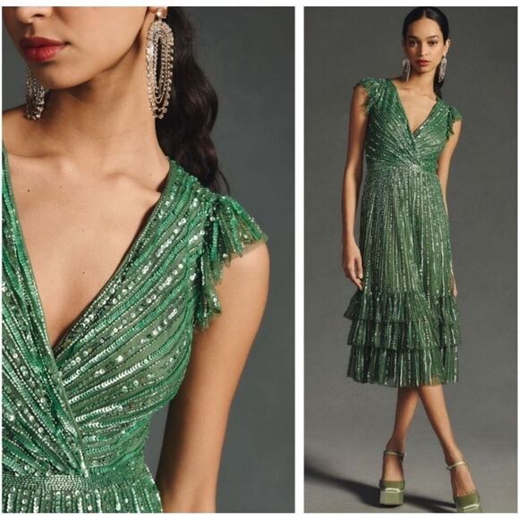 Mac Duggal Sequin V-Neck Wrap Over Cap Sleeve Ruffled Hem Dress Size 8